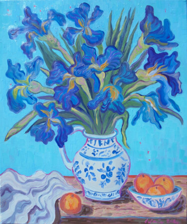 VASE OF IRISES WITH ORANGES.